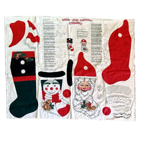 Candy Cane Christmas Stockings Fabric Panel Cut & Sew Santa Snowman Cotton Xmas - Picture 1 of 6